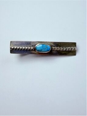 Southwestern American Turquoise Sterling Silver 925 Vintage Tie Clip Bar Brooch